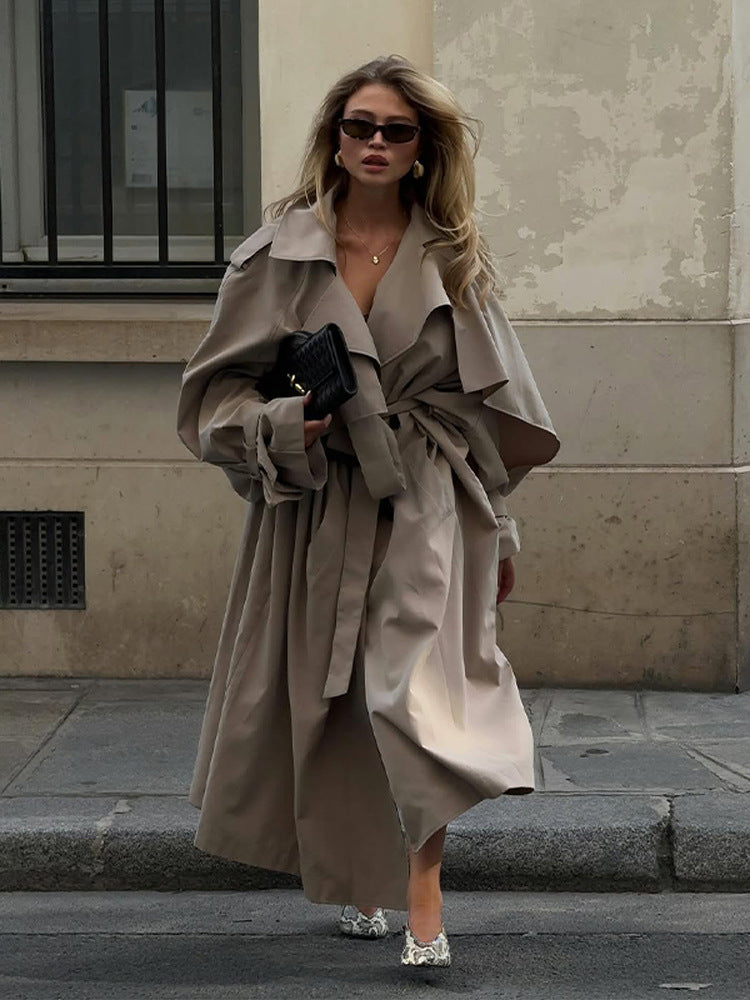 Women Long Trench Coat with Cape Sleeves A-Line Belted Lapel Outerwear