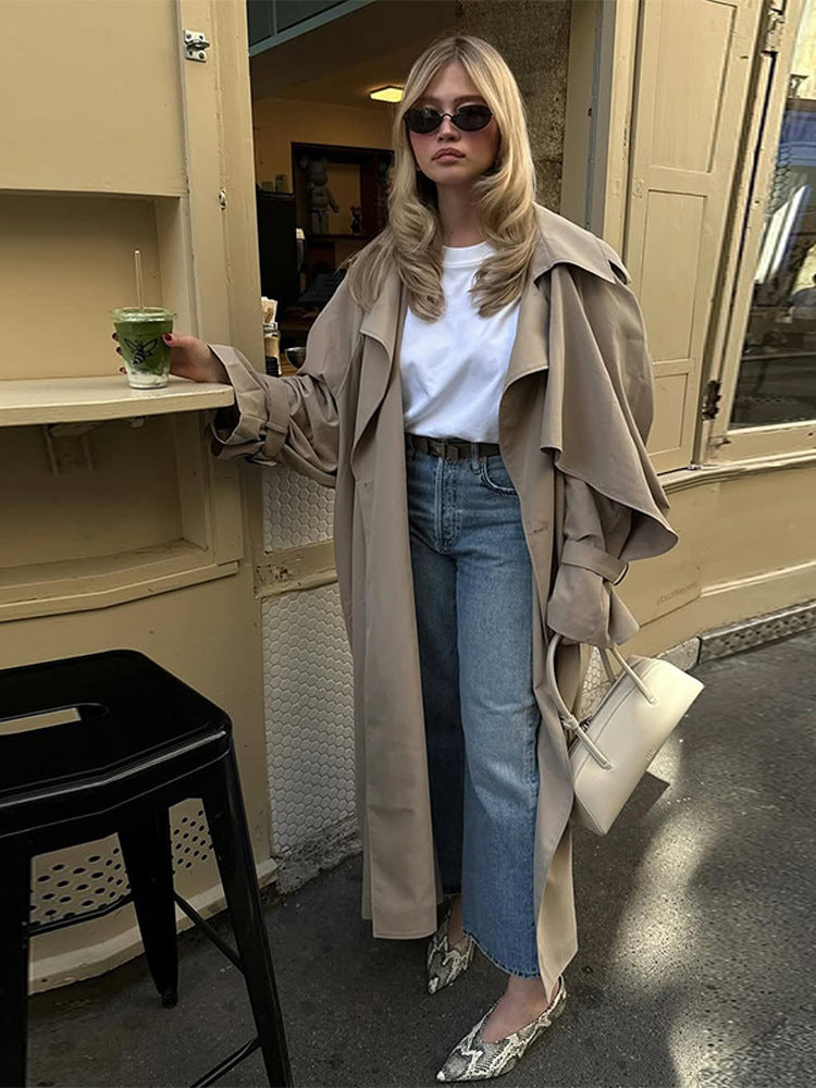 Women Long Trench Coat with Cape Sleeves A-Line Belted Lapel Outerwear