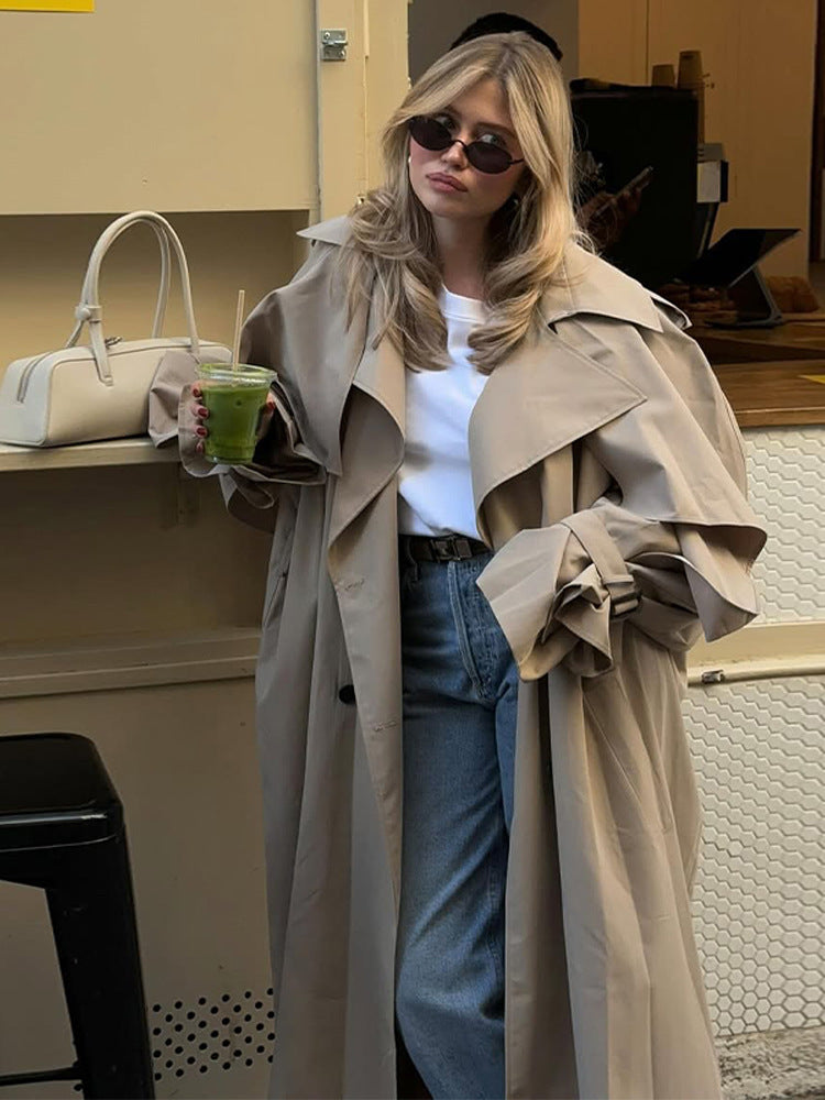 Women Long Trench Coat with Cape Sleeves A-Line Belted Lapel Outerwear