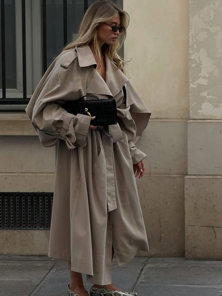 Women Long Trench Coat with Cape Sleeves A-Line Belted Lapel Outerwear