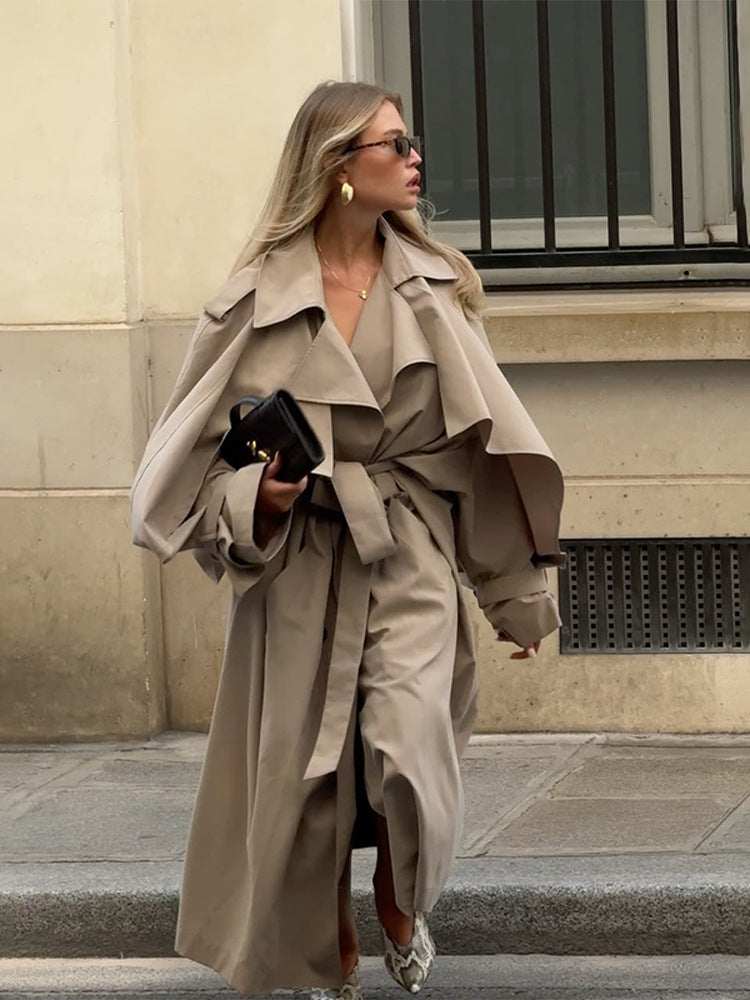 Women Long Trench Coat with Cape Sleeves A-Line Belted Lapel Outerwear